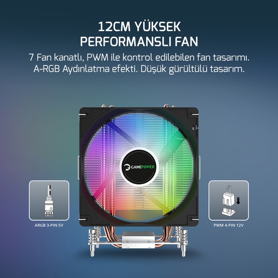 Gamepower Glace TC6 ARGB Siyah İşlemci Hava Soğutucu (GLACE-TC6-ARGB) - 120mm PWM Fan, 6 Isı Borusu, 180W TDP, AM5/LGA18