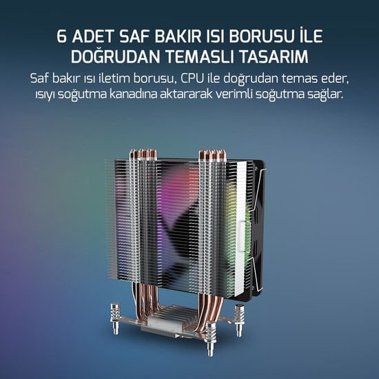 Gamepower Glace TC6 ARGB Siyah İşlemci Hava Soğutucu (GLACE-TC6-ARGB) - 120mm PWM Fan, 6 Isı Borusu, 180W TDP, AM5/LGA18