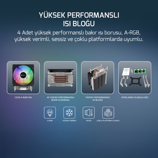 Gamepower Glace TC4 ARGB Siyah İşlemci Hava Soğutucu (GLACE-TC4-ARGB-SIYAH) - 120mm PWM Fan, 4 Isı Borusu, 180W TDP
