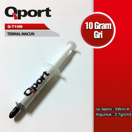 Qport Q-T10M 10 Gram Termal Macun - 5W/m-K Isı İletkenliği, 2.7g/cm³ Yoğunluk, Gri Renk, Yalıtkan Yapı, Şırınga Form