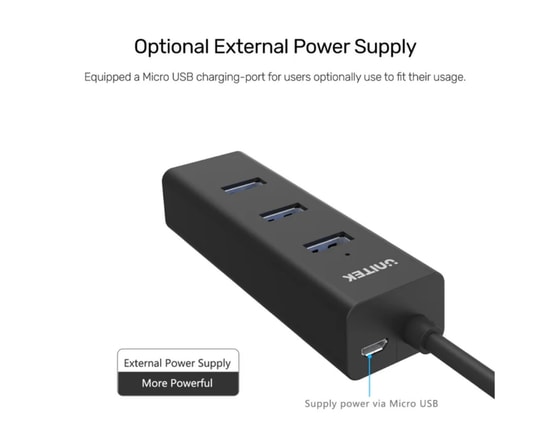 Unitek Y-3089 Type-C to 4 Port USB 3.0 Hub - USB 3.2 Gen 1, 5Gbps Aktarım Hızı, Type-C Power Girişi, Siyah Çoklayıcı