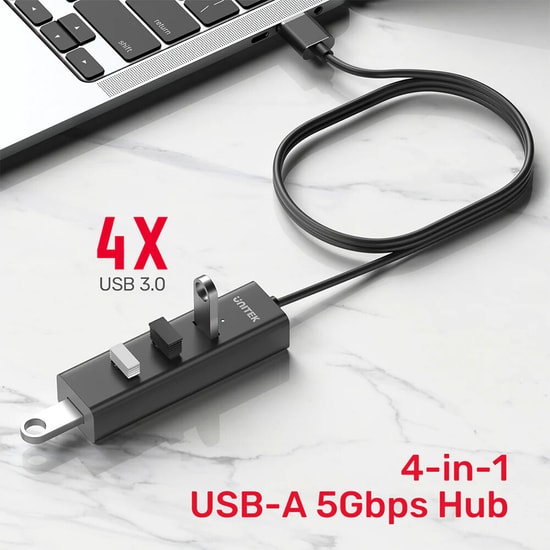 Unitek Y-3089V01 4-in-1 USB-A 5Gbps Hub - 4 Port USB 3.0 Çoklayıcı, 1.2 Metre Kablo, Tak Çalıştır, 5Gbps Aktarım Hızı