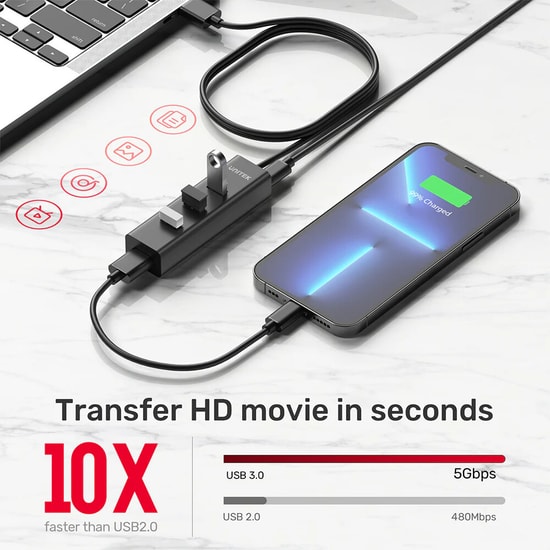 Unitek Y-3089V01 4-in-1 USB-A 5Gbps Hub - 4 Port USB 3.0 Çoklayıcı, 1.2 Metre Kablo, Tak Çalıştır, 5Gbps Aktarım Hızı