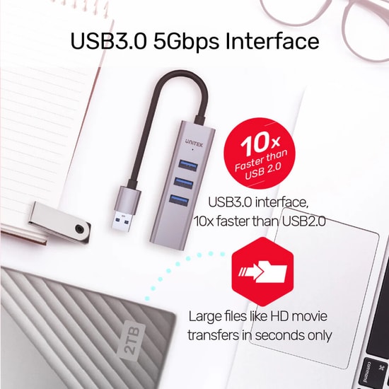 Unitek Y-3088B 4-in-1 Ethernet Hub - 3 Port USB 2.0 Çoklayıcı ve RJ45 Fast Ethernet Adaptörü, 30cm Kablo, Tak Çalıştır