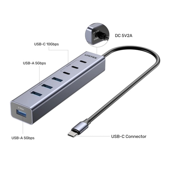 Unitek H1335AGY01-EU Hub S7+ 7in1 Universal USB Hub - Çok Fonksiyonlu USB C Çoğaltıcı, HDMI, 7 Portlu Kompakt Tasarım