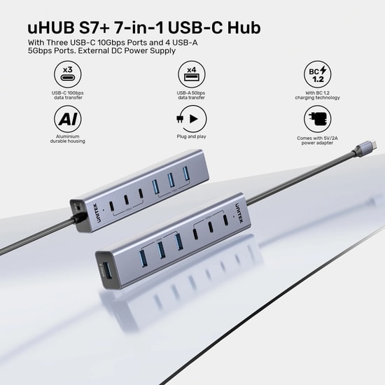 Unitek H1335AGY01-EU Hub S7+ 7in1 Universal USB Hub - Çok Fonksiyonlu USB C Çoğaltıcı, HDMI, 7 Portlu Kompakt Tasarım
