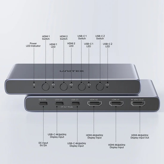 Unitek V1313AGY01-EU 4K HDMI USB-C Switch 4in1 Out - Çok Fonksiyonlu Görüntü Aktarıcı, USB-C Destekli HDMI Seçici