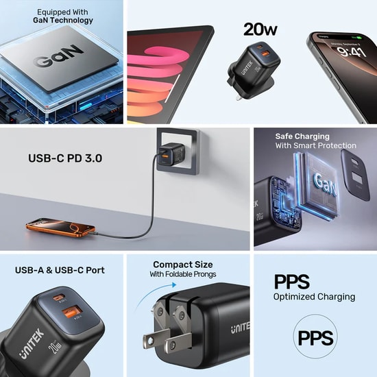 Unitek P1128ABK01-EU 20W Hızlı Şarj Cihazı Adaptörü - PD Destekli, Kompakt Tasarım, CE Sertifikalı, Güvenli Şarj