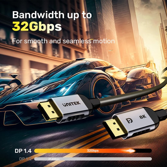 Unitek C1628GY01-1M 1 Metre 8K 60Hz DisplayPort 1.4 Kablo - 32.4Gbps, 240Hz, Dinamik HDR, Altın Kaplama, Alüminyum Gövde