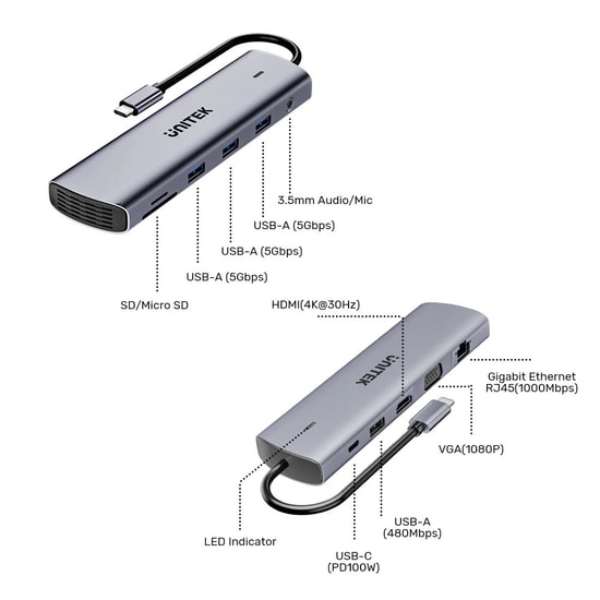 Unitek D1113BGY01 uHub U11+ 11-in-1 USB-C Hub - Çoklayıcı Bağlantı İstasyonu, 20cm Kablo, RoHS ve CE Sertifikalı