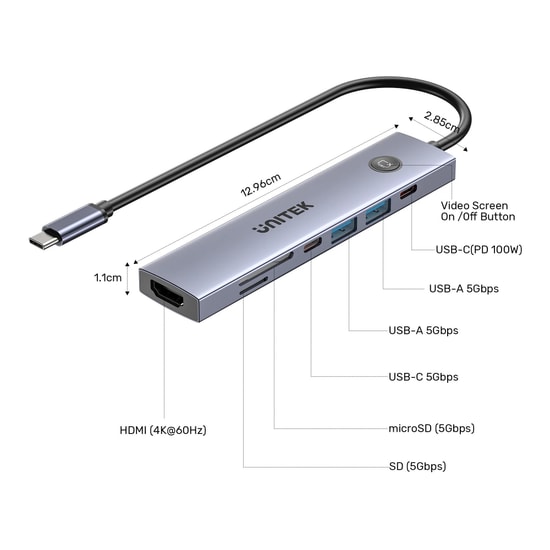 Unitek H1124AGY01 uHub S7 Pro 7-in-1 USB-C Hub - 5Gbps Aktarım Hızı, Çoklayıcı, 15cm Kablo, RoHS ve CE Sertifikalı