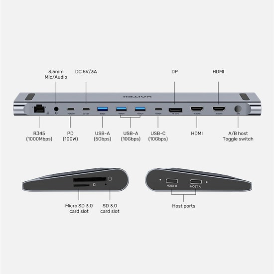 Unitek D1106AGY01 uHub 15+ USB-C 4K Bağlantı İstasyonu - Üçlü 4K Ekran, 100W PD Şarj, 10Gbps Veri, Dual Host Control