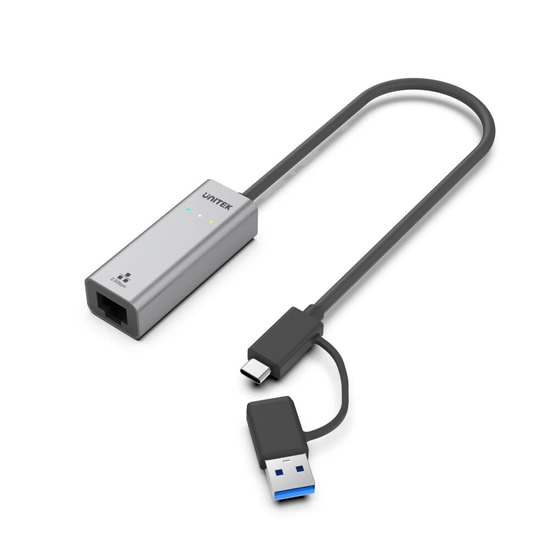 Unitek U1313CGY01 Hibrit USB-C/USB-A 2.5 Gigabit Ethernet Adaptörü - 2500Mbps, 30 cm Kablo, Alüminyum Kasa, Gri