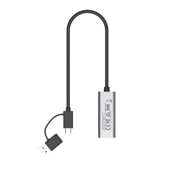 Unitek U1313CGY01 Hibrit USB-C/USB-A 2.5 Gigabit Ethernet Adaptörü - 2500Mbps, 30 cm Kablo, Alüminyum Kasa, Gri