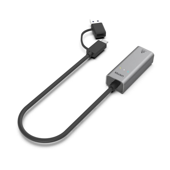 Unitek U1313CGY01 Hibrit USB-C/USB-A 2.5 Gigabit Ethernet Adaptörü - 2500Mbps, 30 cm Kablo, Alüminyum Kasa, Gri