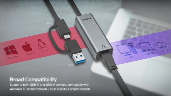 Unitek U1313CGY01 Hibrit USB-C/USB-A 2.5 Gigabit Ethernet Adaptörü - 2500Mbps, 30 cm Kablo, Alüminyum Kasa, Gri