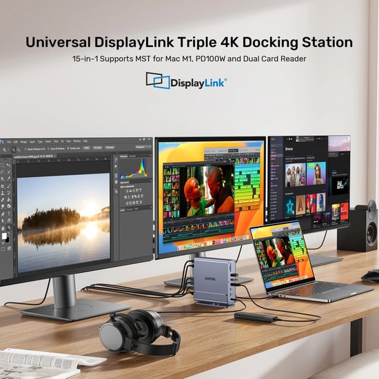Unitek D1135AGY01 Universal DisplayLink 4K KVM Bağlantı İstasyonu - 15'i 1 Arada, Üçlü 4K Ekran, 100W PD, RJ45, SD/TF