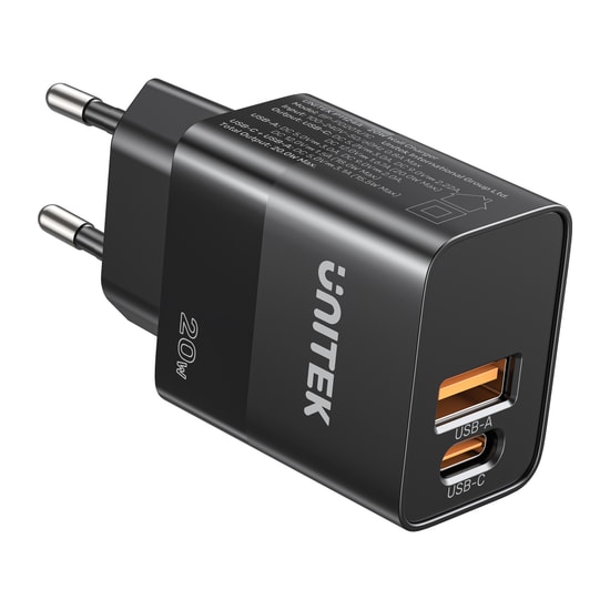 Unitek P1124ABK-EU 20W Hızlı Şarj Adaptörü - Type-C PD ve USB-A QC Port, Çift Çıkışlı Kompakt Güvenli Şarj Cihazı