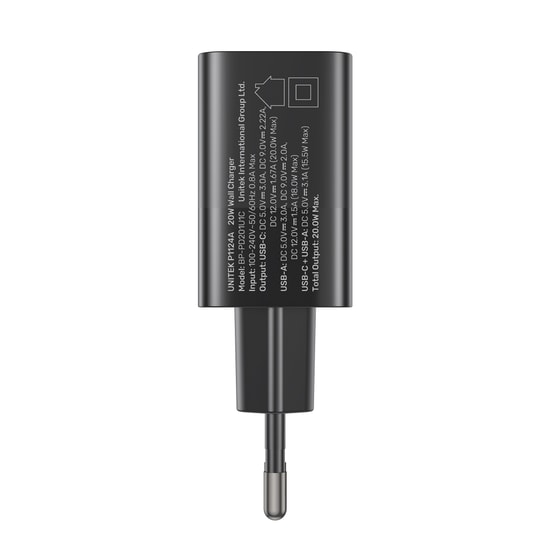 Unitek P1124ABK-EU 20W Hızlı Şarj Adaptörü - Type-C PD ve USB-A QC Port, Çift Çıkışlı Kompakt Güvenli Şarj Cihazı
