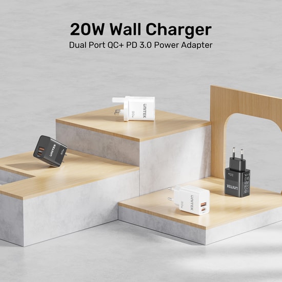 Unitek P1124ABK-EU 20W Hızlı Şarj Adaptörü - Type-C PD ve USB-A QC Port, Çift Çıkışlı Kompakt Güvenli Şarj Cihazı