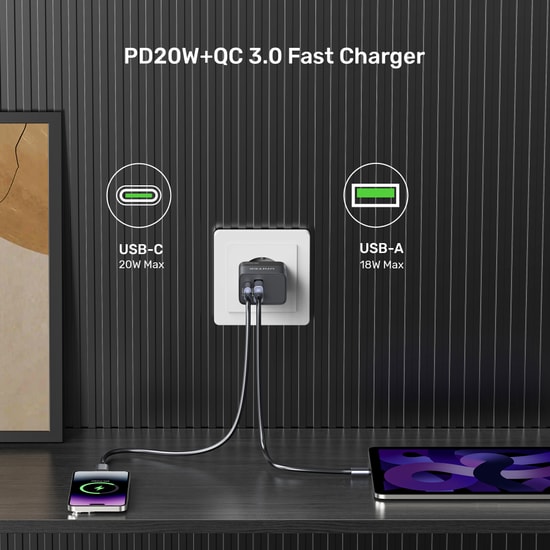 Unitek P1124ABK-EU 20W Hızlı Şarj Adaptörü - Type-C PD ve USB-A QC Port, Çift Çıkışlı Kompakt Güvenli Şarj Cihazı