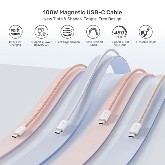 Unitek C14141ACL01-1M Type-C Manyetik Hızlı Şarj Kablosu - 1 Metre, 100W PD 3.0, 5A, Bej, Manyetik Sarım Tasarımı