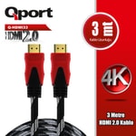 Qport Q-HDMI33 3m HDMI Kablo - 2.0V, 4K Çözünürlük, Altın Uçlu, Örgülü, Yüksek Görüntü ve Ses Aktarımı İçin 3 Metre