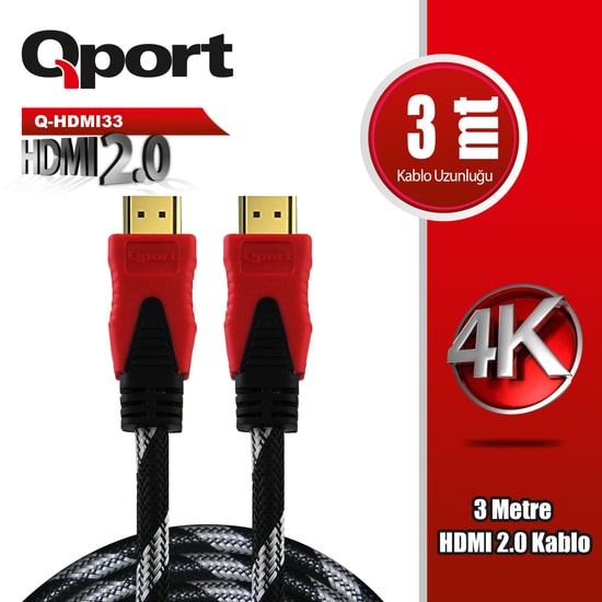 Qport Q-HDMI33 3m HDMI Kablo - 2.0V, 4K Çözünürlük, Altın Uçlu, Örgülü, Yüksek Görüntü ve Ses Aktarımı İçin 3 Metre