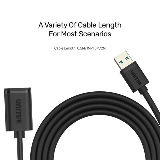 Unitek Y-C459GBK 2 Metre USB 3.0 Uzatma Kablosu - 5Gbps Veri Hızı, Altın Kaplama Uç, USB-A Erkek - USB-A Dişi, Siyah