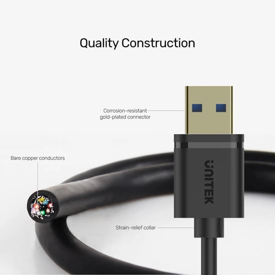 Unitek Y-C459GBK 2 Metre USB 3.0 Uzatma Kablosu - 5Gbps Veri Hızı, Altın Kaplama Uç, USB-A Erkek - USB-A Dişi, Siyah