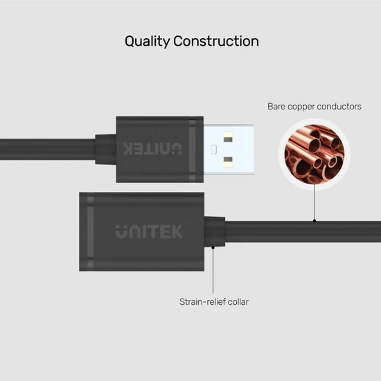 Unitek Y-C449GBK 1.5 Metre USB 2.0 Uzatma Kablosu - 480Mbps Veri Aktarım Hızı, USB-A Erkek - USB-A Dişi, Siyah Kablo