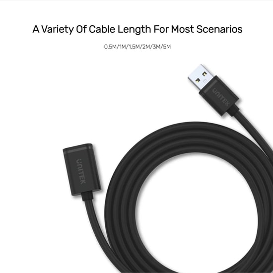 Unitek Y-C449GBK 1.5 Metre USB 2.0 Uzatma Kablosu - 480Mbps Veri Aktarım Hızı, USB-A Erkek - USB-A Dişi, Siyah Kablo