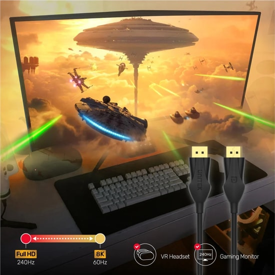 Unitek C1624BK-2M 2 Metre 8K 60Hz DisplayPort 1.4 Kablo - 32.4Gbps, HDR, DSC 1.2, Altın Kaplama, 4K 144Hz Destekli