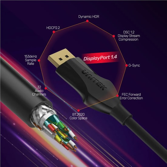 Unitek C1624BK-2M 2 Metre 8K 60Hz DisplayPort 1.4 Kablo - 32.4Gbps, HDR, DSC 1.2, Altın Kaplama, 4K 144Hz Destekli