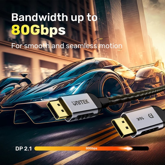 Unitek C1626GY01-2M 2 Metre 16K 60Hz DisplayPort 2.1 Kablo - 80Gbps, Dinamik HDR, 4K 240Hz, Uzay Grisi Alüminyum