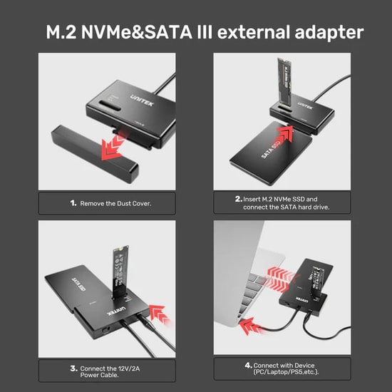 Unitek S1232A USB-C to M.2 NVMe + SATA III Dönüştürücü Adaptör - 10Gbps SuperSpeed, UASP Desteği, ABS Kasa