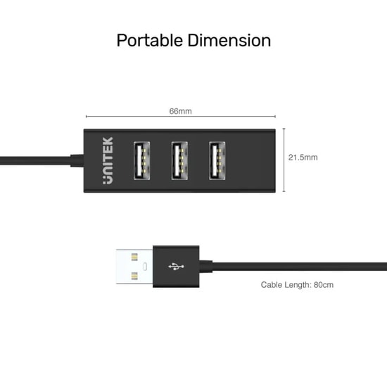 Unitek Y-2140 USB Type-A to 4 Port USB 2.0 Hub Çoklayıcı - 80cm Kablo, 480Mbps Veri Aktarım Hızı, Tak Çalıştır, Siyah