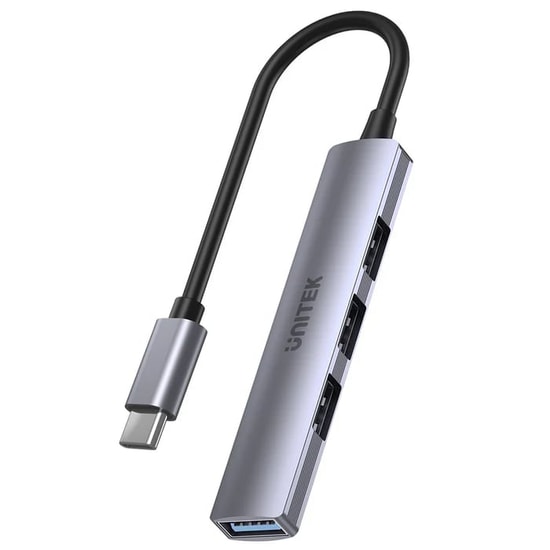 Unitek H1208B Type-C to 4 Port USB Çoklayıcı Hub - 1x USB 3.0 5Gbps, 3x USB 2.0 480Mbps, 15cm Kablo, Gri Gövde