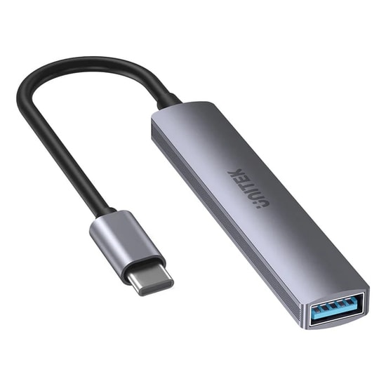 Unitek H1208B Type-C to 4 Port USB Çoklayıcı Hub - 1x USB 3.0 5Gbps, 3x USB 2.0 480Mbps, 15cm Kablo, Gri Gövde