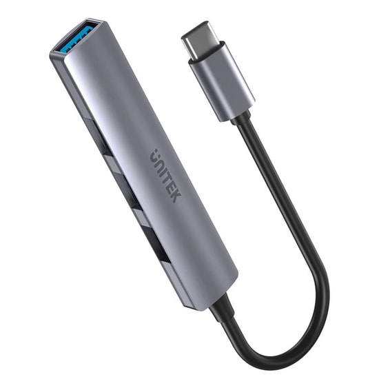 Unitek H1208B Type-C to 4 Port USB Çoklayıcı Hub - 1x USB 3.0 5Gbps, 3x USB 2.0 480Mbps, 15cm Kablo, Gri Gövde