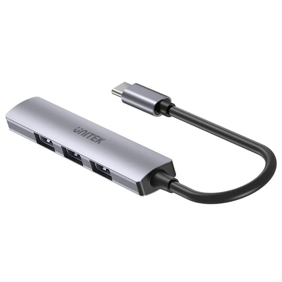 Unitek H1208B Type-C to 4 Port USB Çoklayıcı Hub - 1x USB 3.0 5Gbps, 3x USB 2.0 480Mbps, 15cm Kablo, Gri Gövde