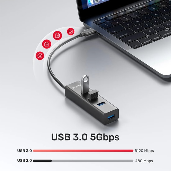 Unitek Y-3089Z Type-C to 4 Port USB 3.0 Hub - USB 3.2 Gen 1, 5Gbps Veri Hızı, 30cm Kablo, Type-C Power Girişi