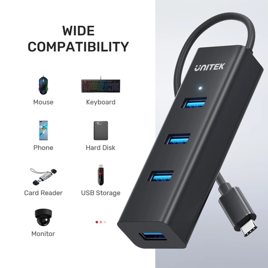 Unitek Y-3089Z Type-C to 4 Port USB 3.0 Hub - USB 3.2 Gen 1, 5Gbps Veri Hızı, 30cm Kablo, Type-C Power Girişi