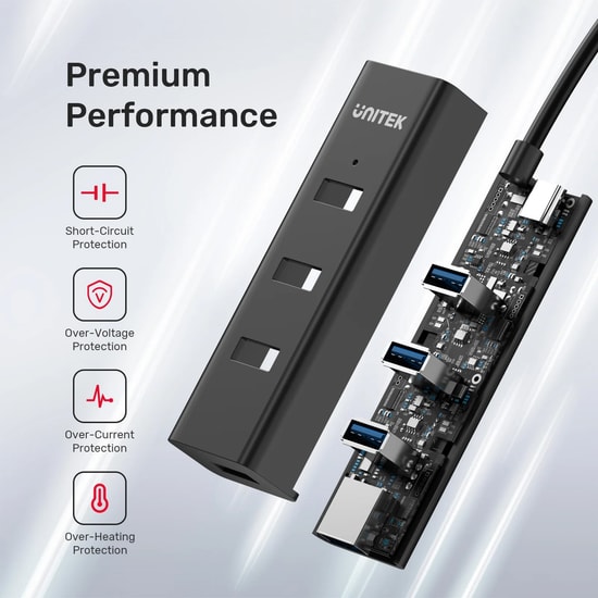 Unitek Y-3089Z Type-C to 4 Port USB 3.0 Hub - USB 3.2 Gen 1, 5Gbps Veri Hızı, 30cm Kablo, Type-C Power Girişi