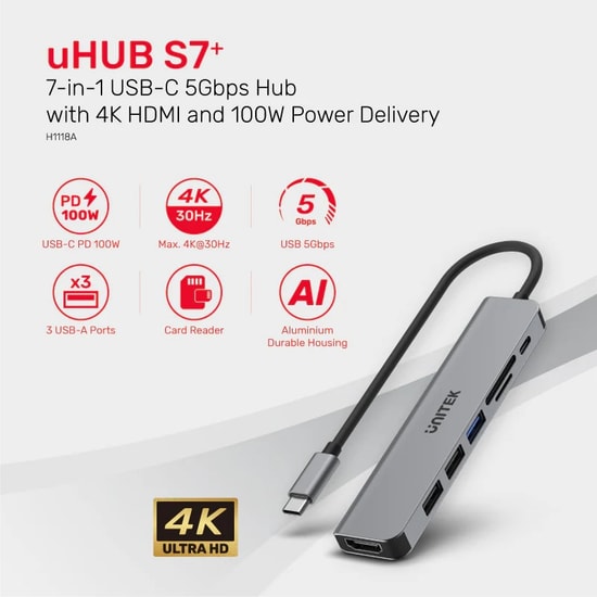 Unitek H1118A Universal USB-C 7in1 Dock Station - 100W PD, HDMI, USB 3.0, 2xUSB 2.0, SD/Micro SD Kart Okuyucu Hub