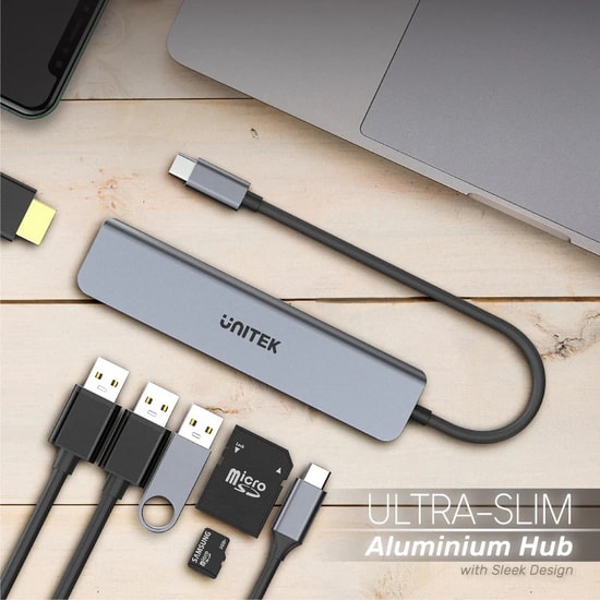 Unitek H1118A Universal USB-C 7in1 Dock Station - 100W PD, HDMI, USB 3.0, 2xUSB 2.0, SD/Micro SD Kart Okuyucu Hub