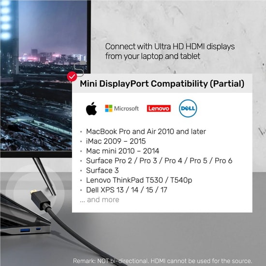 Unitek V1152A Mini DisplayPort to HDMI 4K 30Hz 2 Metre Dönüştürücü Kablo - HDMI 1.4, 4K UHD Görüntü Aktarımı, Siyah