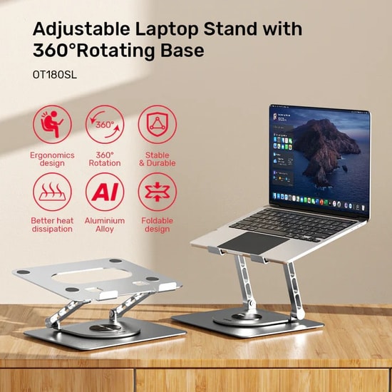 Unitek OT180SL01 360 Dönebilen Metal Notebook Standı - 10-16" Uyumlu, 180 Derece Ayarlanabilir Yükseklik, Gümüş