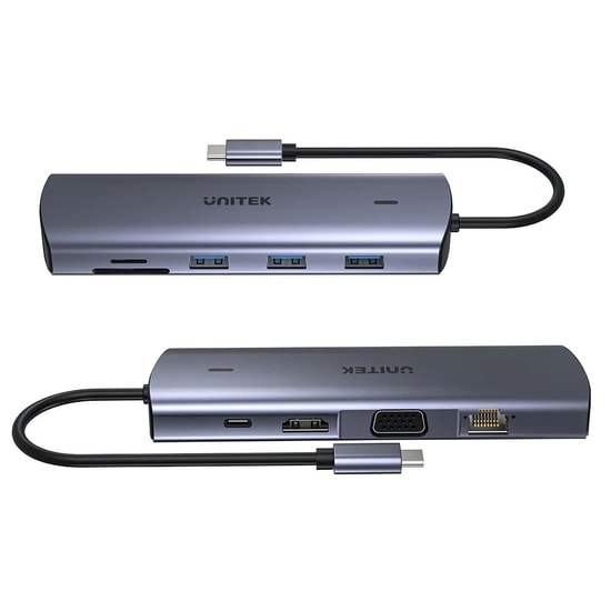 Unitek D1113A USB-C 9in1 Universal Dock Station - 100W PD, Gigabit Ethernet, 4K HDMI, VGA, SD/TF Kart Okuyucu Hub