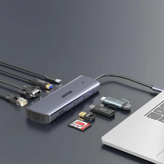 Unitek D1113A USB-C 9in1 Universal Dock Station - 100W PD, Gigabit Ethernet, 4K HDMI, VGA, SD/TF Kart Okuyucu Hub